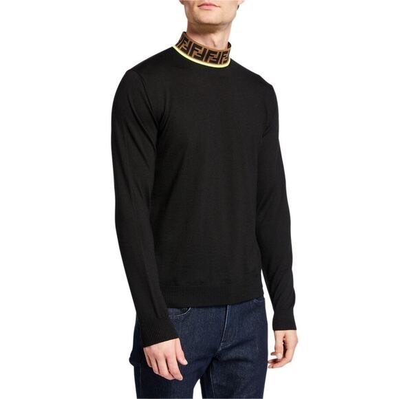 Fendi Brown Monogram Logo Green Trim Black Thin Knit Wool Turtleneck Sweater 48 - Picture 3 of 15